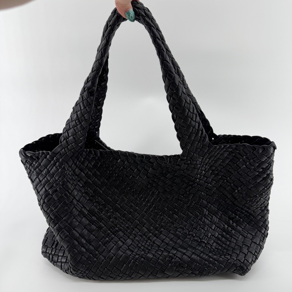Falor Italy Black Woven Leather Tote Bag Intrecciato Handcrafted Made in Italy